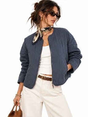 Zara Navy Quilted Cropped Jacket Small Zip Front Utility Lightweight Coat S